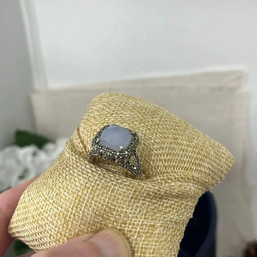 💎 Rare QVC Sterling Silver Gray Chalcedony & Marcasite Ring - Size 7 - Picture 5 of 17